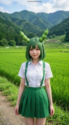 ボクはずんだもん!宮城県をはじめとする、東北地方の「ずんだ餅」の妖精なのだ!(画像はあくまでAIによるイメージなのだ。実際の景色・人物等ではありませんので、ご了承くださいなのだ)(鉄道唱歌:白石・宮城県・東北地方関連)