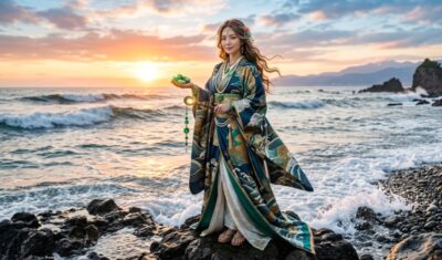 ヒスイを持ったヌナカワヒメと、糸魚川の海のイメージ（画像はあくまでAIによるイメージです）
