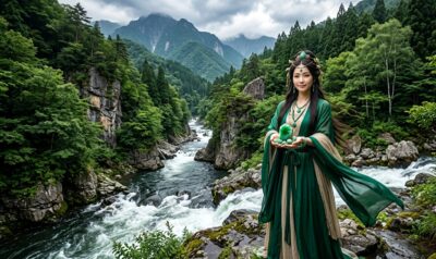 糸魚川を流れる姫川の上流と、ヒスイを持ったヌナカワヒメのイメージ（画像はあくまでAIによるイメージです）