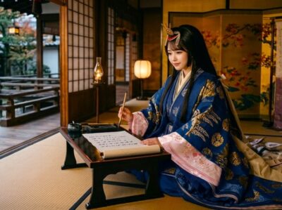 和歌を執筆する和泉式部（画像はあくまでAIによるイメージです）
