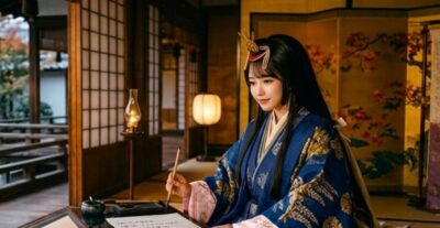 和歌を執筆する和泉式部（画像はあくまでAIによるイメージです）