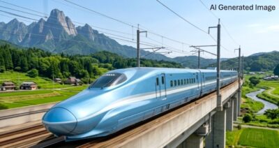 四国新幹線がもし完成したら?四国の険しい山々をバックに走る新幹線のイメージ。