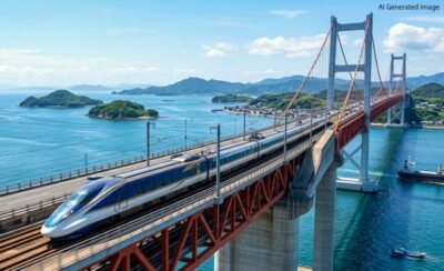 瀬戸内海を渡る四国新幹線のイメージ（画像はあくまでAI によるイメージです）
