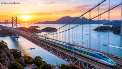 もし実現したら?瀬戸大橋を疾走する四国新幹線のイメージ