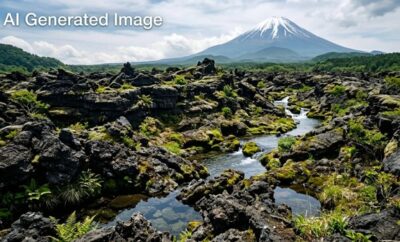 三島溶岩流と、その上を流れる黄瀬川（長泉町・鮎壺の滝関連）