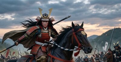 戦場で勇ましく戦う巴御前（画像はあくまでAIによるイメージです）