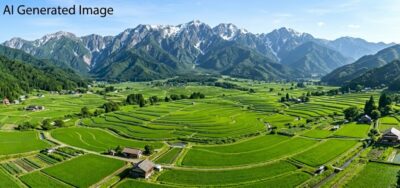 上越国境と、越後の平野のイメージ(上越線の旅)(画像はAIによるイメージです)