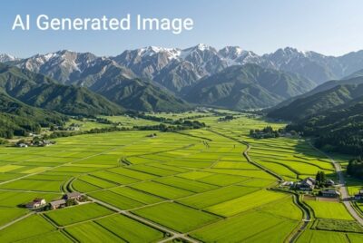 上越国境と、越後の平野のイメージ(上越線の旅)(画像はAIによるイメージです)