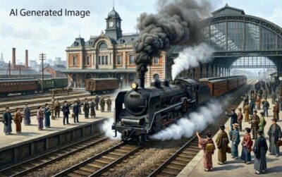 明治時代の上野駅を蒸気機関車が出発（画像はAIによるイメージです）（鉄道唱歌の旅）