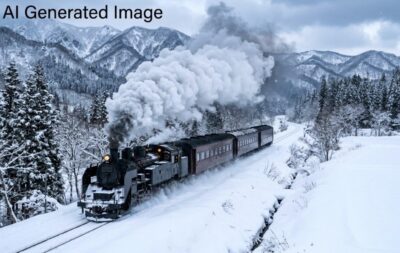 明治時代の北海道の蒸気機関車（画像はAI によるイメージです）【鉄道唱歌の旅】