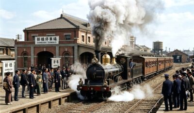明治時代の新橋駅（画像はあくまでAIによるイメージです）（鉄道唱歌の旅）