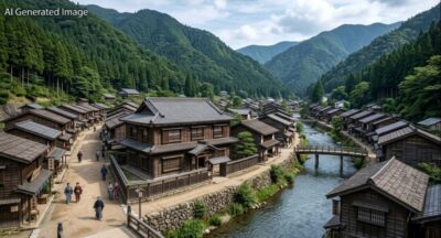 明治時代の木曽福島の町のイメージ（画像はAIによるイメージです）