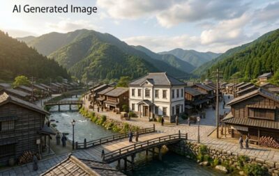 明治時代の木曽福島の町のイメージ（画像はAIによるイメージです）