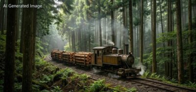 木曽の森林鉄道(画像はAIによるイメージです)(鉄道唱歌の旅:須原・野尻関連)