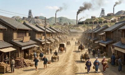 明治時代の筑豊炭田の町並みのイメージ(門司港関連)