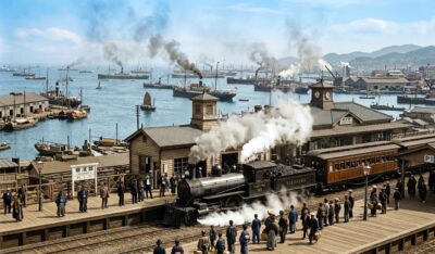 明治時代の横浜駅（画像はあくまでAIによるイメージです）