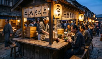 江戸時代の町でそばを食べる人たちのイメージ