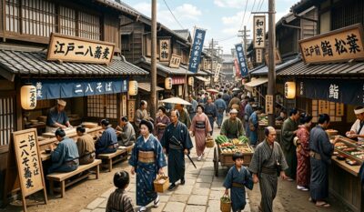 江戸時代の「二八そば」の店舗が並ぶ町並み(画像あくまでAIによるイメージです)