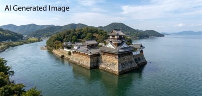 戦国時代の三原城と沼田川(画像はAI作成、やや誇張した描写になってます)