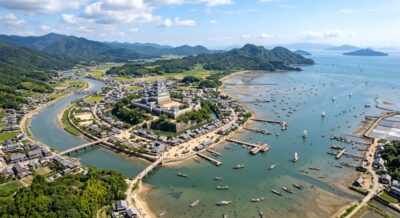 「穴の海」と呼ばれた福山のイメージ。これが干拓によって陸地が増え、現在のような工業地帯になった（画像はあくまでAIによるイメージです）