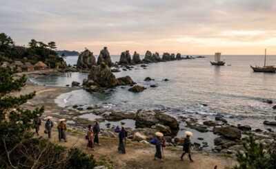 江戸時代、多くの人々が目指した紀伊半島の南・橋杭岩（画像はAIによるイメージです）