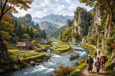 江戸時代の耶馬渓（画像はAIによるイメージです）（鉄道唱歌の旅・中津関連）