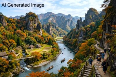 江戸時代の耶馬渓（画像はAIによるイメージです）（鉄道唱歌の旅・中津関連）