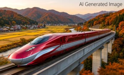新幹線の愛称:秋田の田んぼの中を走る新幹線のイメージ(※実在しない車両です)