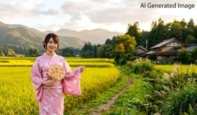 秋田の田んぼと秋田美人(画像はAIによるイメージです)