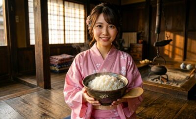 秋田美人とあきたこまち(画像はAIによるイメージです。実際の景色・人物ではありません)