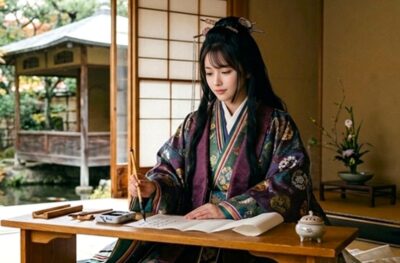 執筆をしている紫式部（画像はあくまでAIによるイメージです）