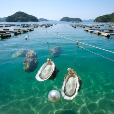 英虞湾の真珠(アコヤ貝)養殖のイメージ(画像はあくまでAIによるイメージです)(賢島関連)