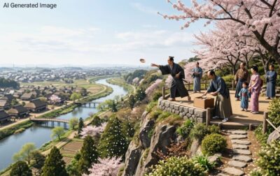 江戸時代の王子・飛鳥山の「かわらけ投げ」（画像はあくまでAIによるイメージです。史実とは異なる描写がある可能性がありますので、ご了承ください。）
