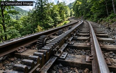 「アプト式」の線路(画像はAIによるイメージです)(鉄道唱歌の旅:碓氷峠関連)
