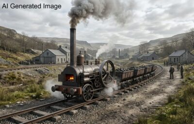 リチャード・トレヴィシックが発明した初期の蒸気機関車（画像はAIによるイメージです）
