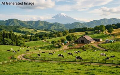 丹那牛乳で知られる、函南町の丹那盆地（画像はAIによるイメージです）
