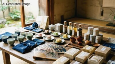 京都のお土産品ラインナップ(画像はAIによるイメージです)(鉄道唱歌の旅:京都の観光・名所)