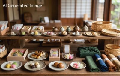 京都のお土産品ラインナップ(画像はAIによるイメージです)(鉄道唱歌:京都の観光・名所)