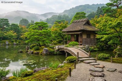 京都の伝統的な庭園(画像はAIによるイメージです)(鉄道唱歌の旅:京都の観光・名所)