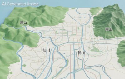 東山・嵐山・鴨川・桂川の地形図(画像は国土地理院の地図を元に作成したAIによるイメージです)(鉄道唱歌の旅:京都の観光・名所)