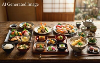 京都の「お食事」ラインナップ（画像はAIによるイメージです）（鉄道唱歌：京都の観光・名所）