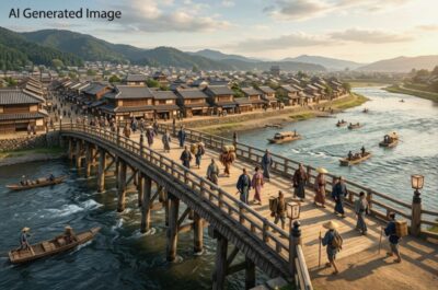 京都の鴨川にかかる、江戸時代の三条大橋(画像はAIによるイメージです)(鉄道唱歌の旅:京都の観光・名所)