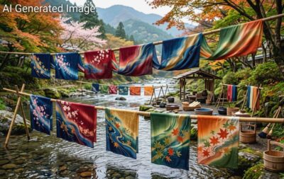 京都の名物・友禅染(画像はAIによるイメージです)(鉄道唱歌の旅:京都の観光・名所)