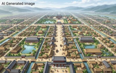 平安時代の京都・平安京（画像はAIによるイメージです。史実や実際の景色とは異なる描写がある可能性があります）（鉄道唱歌の旅：京都の観光・名所）