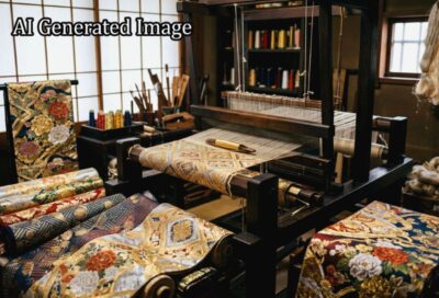 京都の名物・西陣織(画像はAIによるイメージです)(鉄道唱歌の旅:京都の観光・名所)