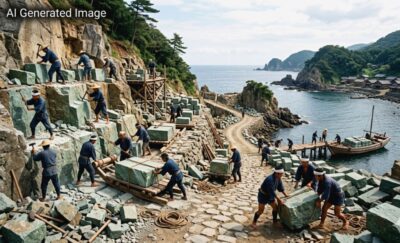 駿府城にも使われた「伊豆石」を掘り出しているシーン(画像はAIによるイメージです)