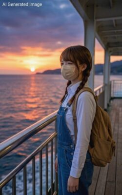 筆者、小木港から直江津へ戻るという設定のAIイメージ。(佐渡→直江津→伏木の行程)