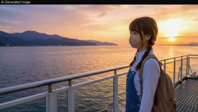 筆者、小木港から直江津へ戻るという設定のAIイメージ。(佐渡→直江津→伏木の行程)