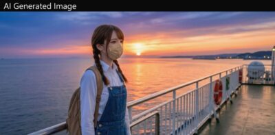 筆者、小木港から直江津へ戻るという設定のAIイメージ。(佐渡→直江津→伏木の行程)
