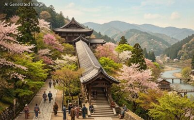 江戸時代の長谷寺（画像はAIによるイメージです）（鉄道唱歌：初瀬関連）